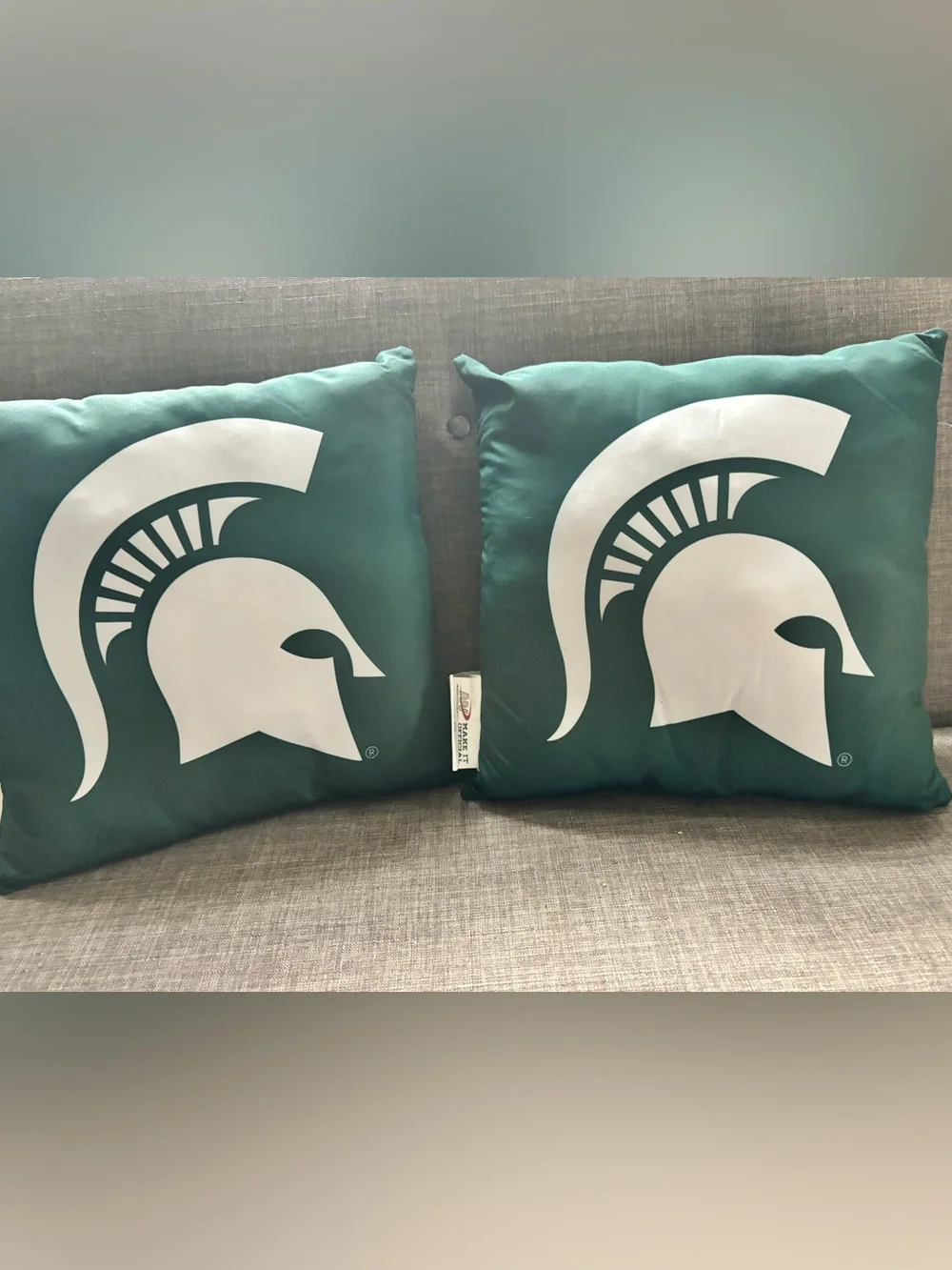 Green and White Spartan Logo Throw Pillows (Pair)